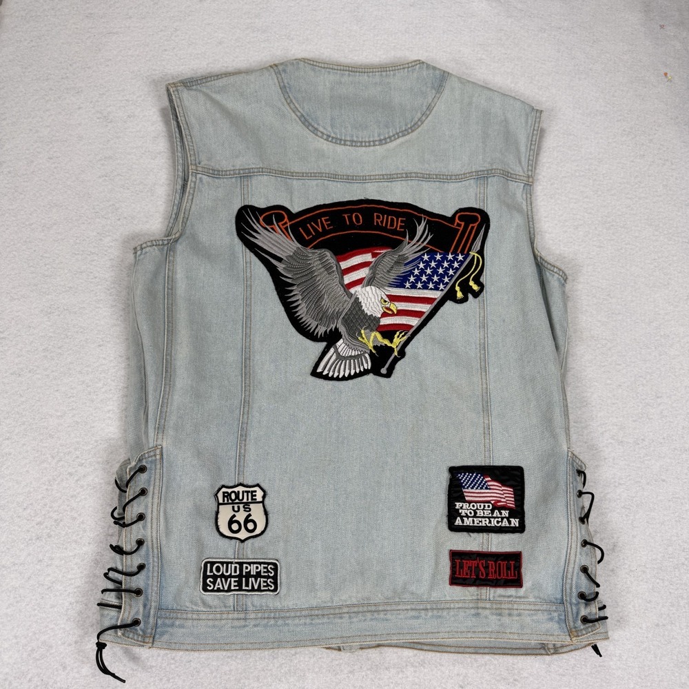 Vtg Womens Diamond Plate Denim‎ Biker Motorcycle Vest Patriotic Patchwork Sz 3X